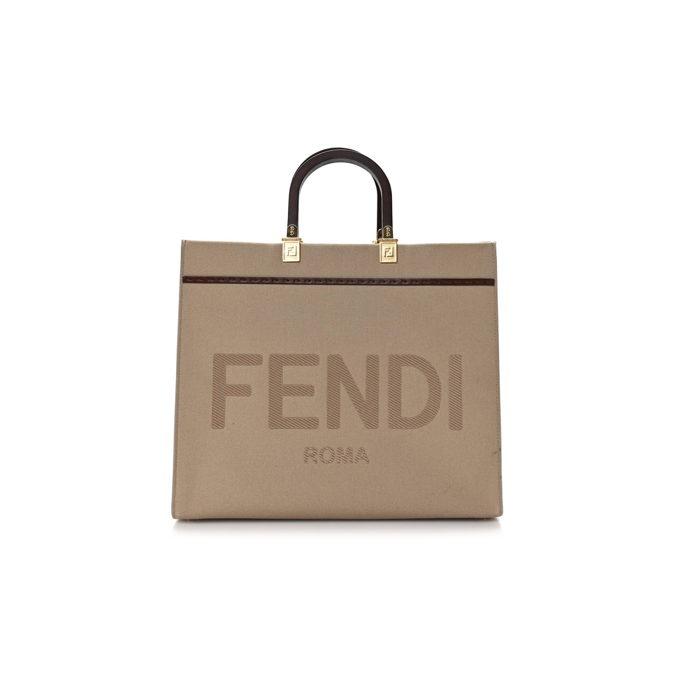 FENDI CANVAS VITELLO KING LOGO EMBROIDERED MEDIUM FENDI SUNSHINE SHOPPER TOTE SAND GHIANDA (35*30*15cm)