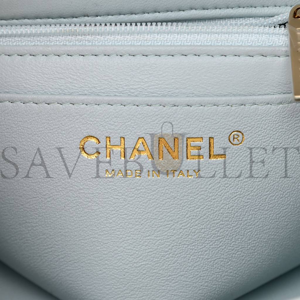 CHANEL LAMBSKIN QUILTED MINI TOP HANDLE RECTANGULAR FLAP LIGHT BLUE ROSE GOLD HARDWARE (19*12*6cm)