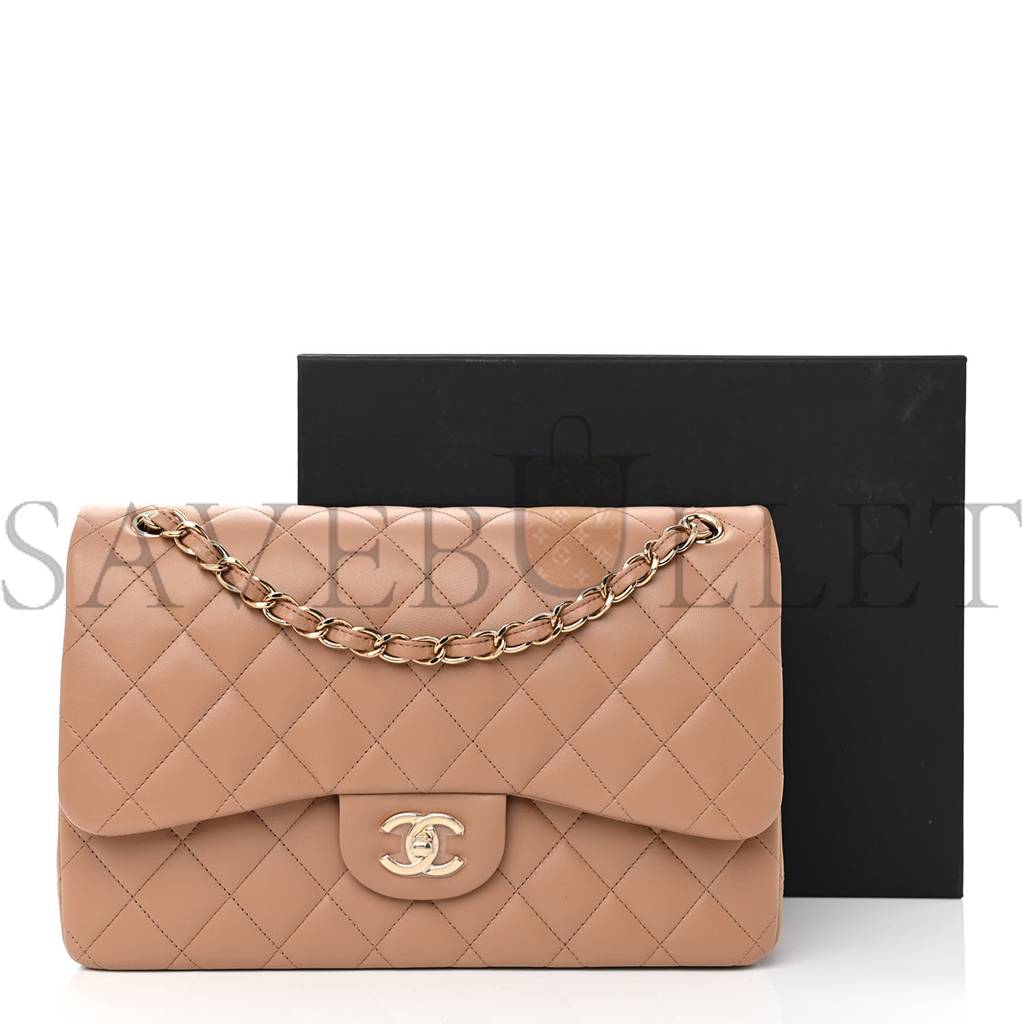CHANEL LAMBSKIN QUILTED JUMBO DOUBLE FLAP DARK BEIGE ROSE GOLD HARDWARE (31*19*9cm) CHANEL LAMBSKIN QUILTED JUMBO DOUBLE FLAP DARK BEIGE ROSE GOLD HARDWARE (31*19*9cm)