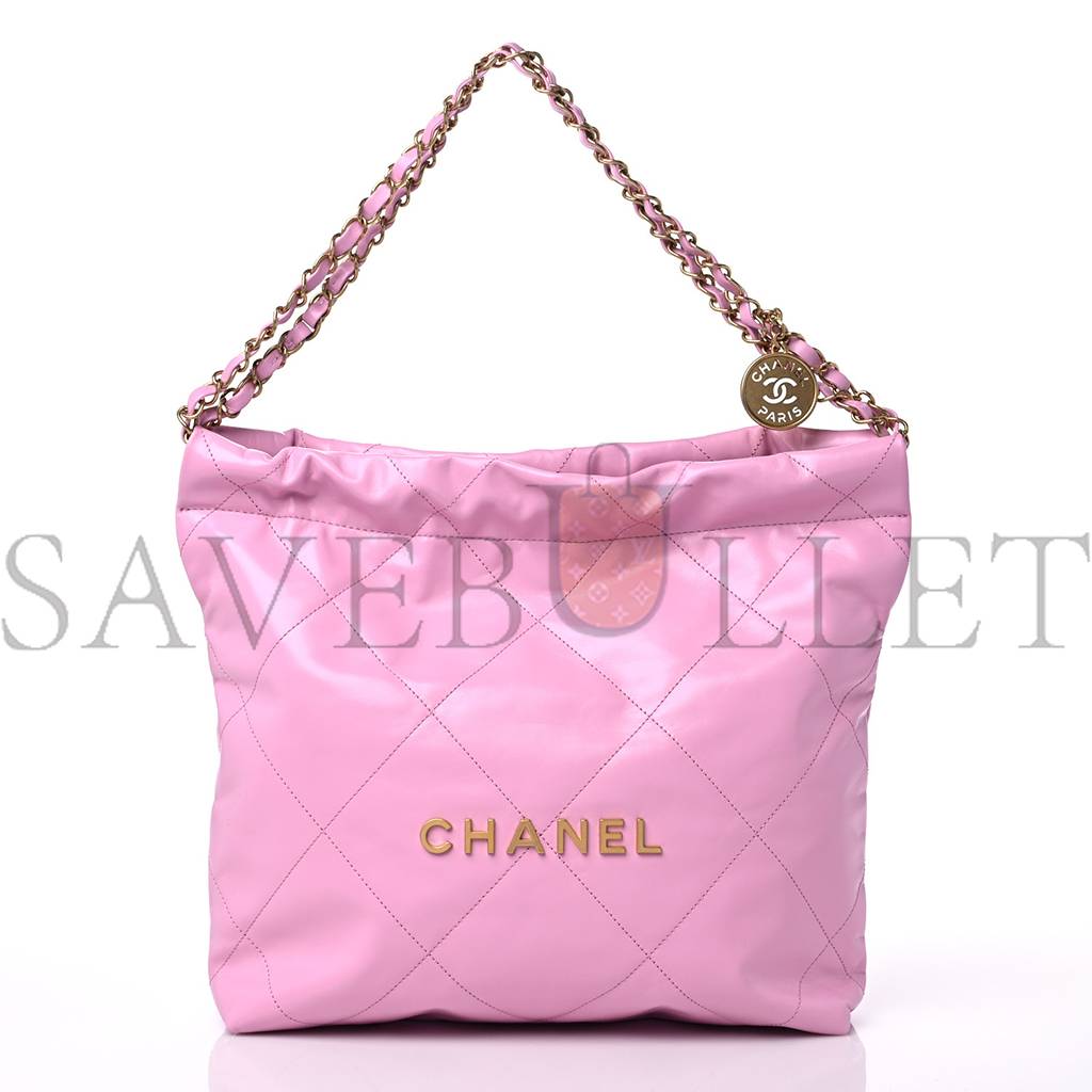 CHANEL SHINY CALFSKIN QUILTED SMALL CHANEL 22 PINK GOLD HARDWARE (37*35*7cm)