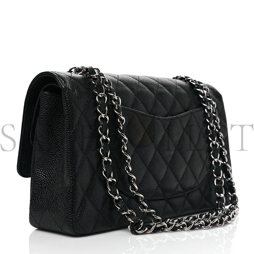 CHANEL CAVIAR QUILTED MEDIUM DOUBLE FLAP BLACK SILVER HARDWARE (25*15*6cm)