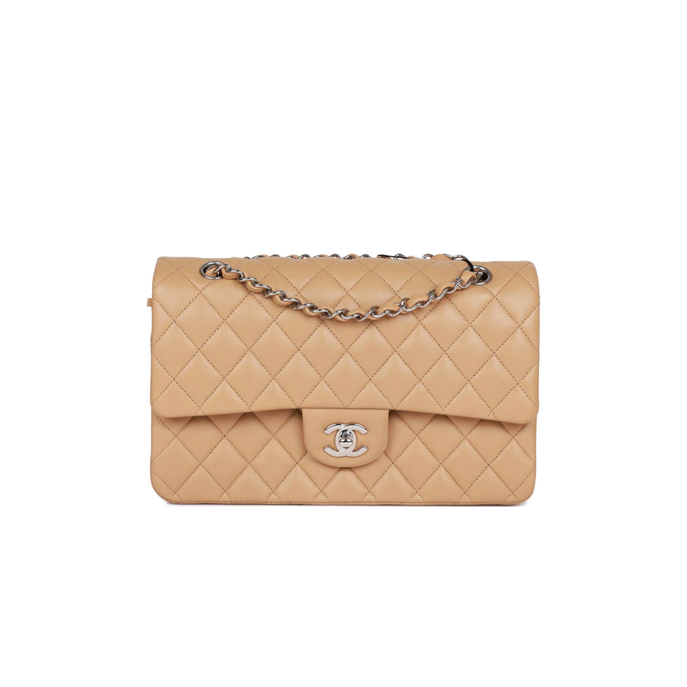 CHANEL MEDIUM CLASSIC DOUBLE FLAP BAG BEIGE LAMBSKIN SILVER HARDWARE (25*15*7cm)