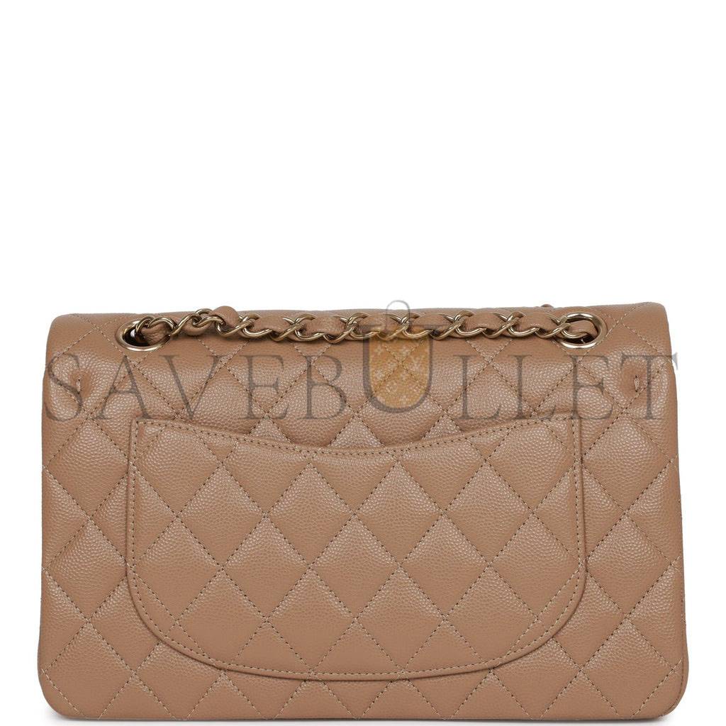 CHANEL SMALL CLASSIC DOUBLE FLAP DARK BEIGE CAVIAR LIGHT GOLD HARDWARE (23*13*6cm)