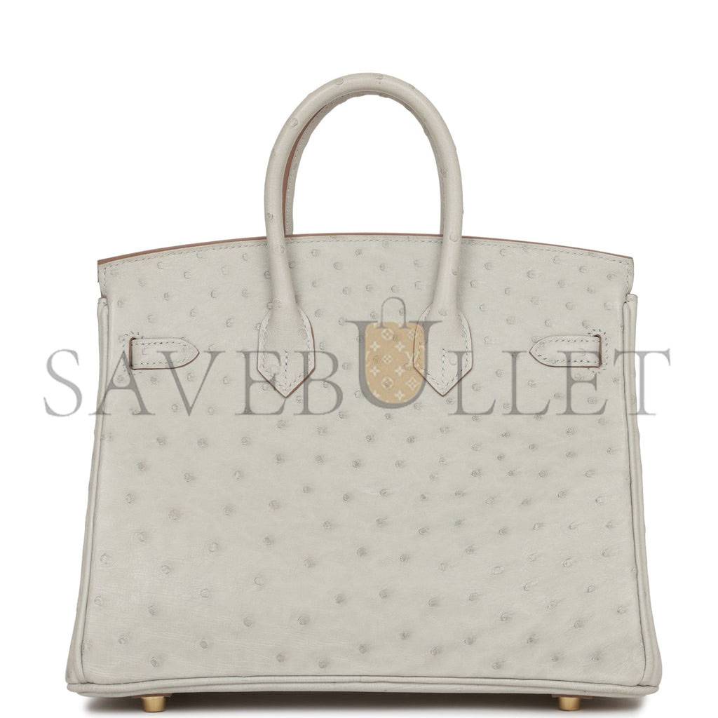 HERMES BIRKIN 25 GRIS PERLE OSTRICH GOLD HARDWARE HANDMADE (25cm)