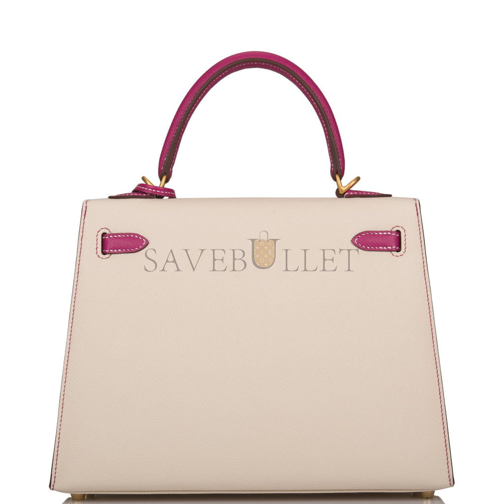 HERMES SPECIAL ORDER (HSS) KELLY SELLIER 25 ROSE POURPRE AND CRAIE EPSOM BRUSHED GOLD HARDWARE HANDMADE(25*17*7cm)