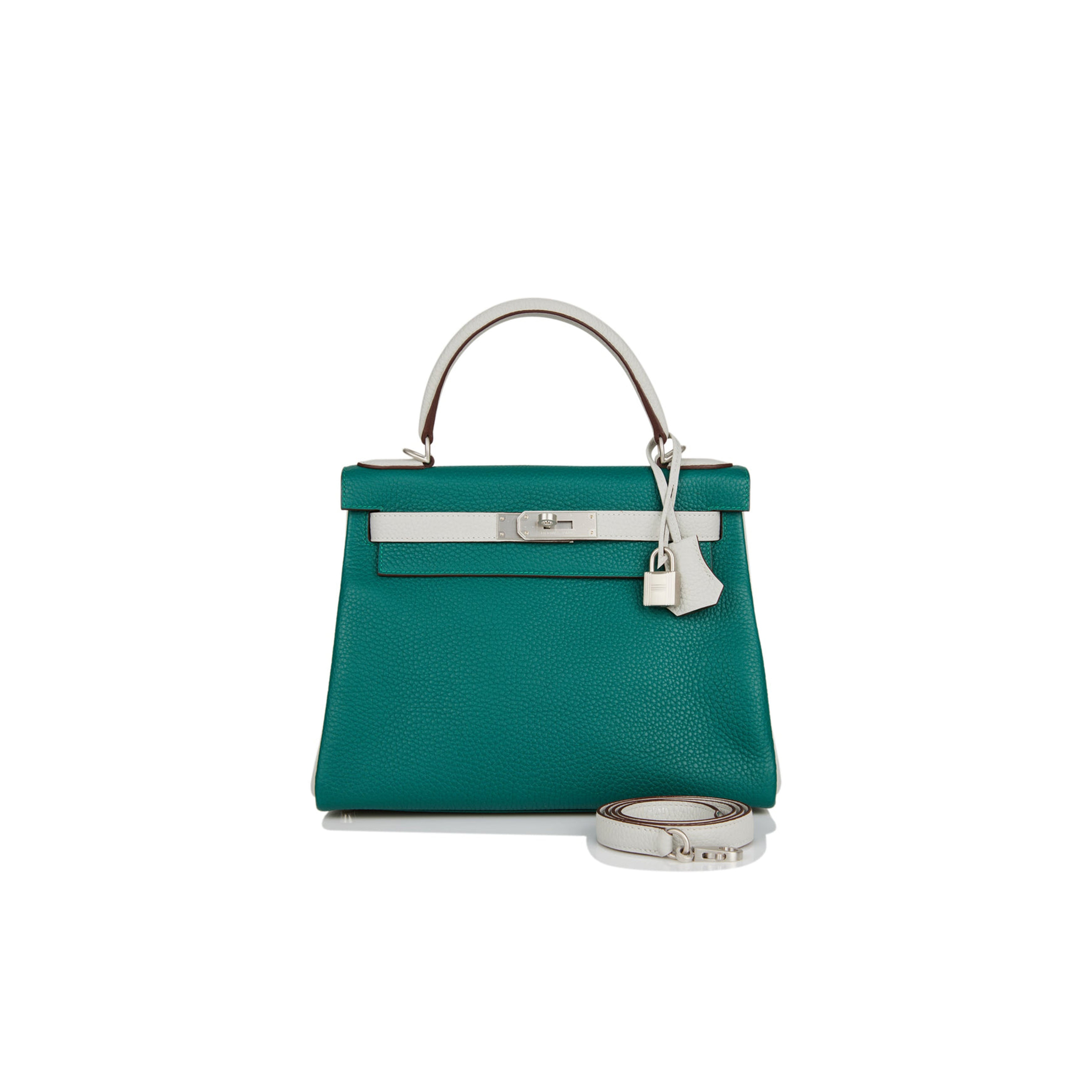 HERMES SPECIAL ORDER (HSS) KELLY RETOURNE 28 MALACHITE AND GRIS PERLE CLEMENCE BRUSHED PALLADIUM HARDWARE (28*22*10cm)