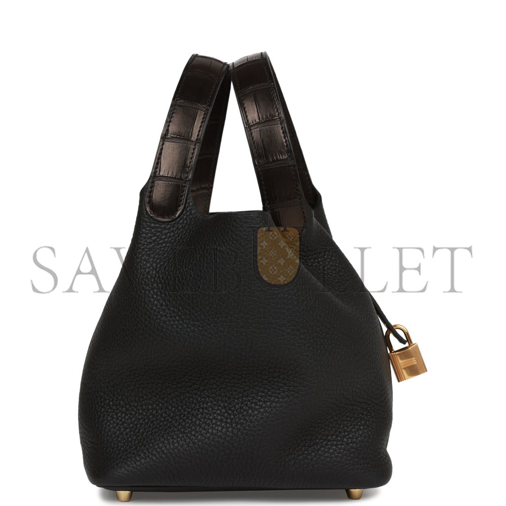 HERMES PICOTIN LOCK 18 BLACK MATTE ALLIGATOR AND CLEMENCE TOUCH GOLD HARDWARE (18*13*18cm)