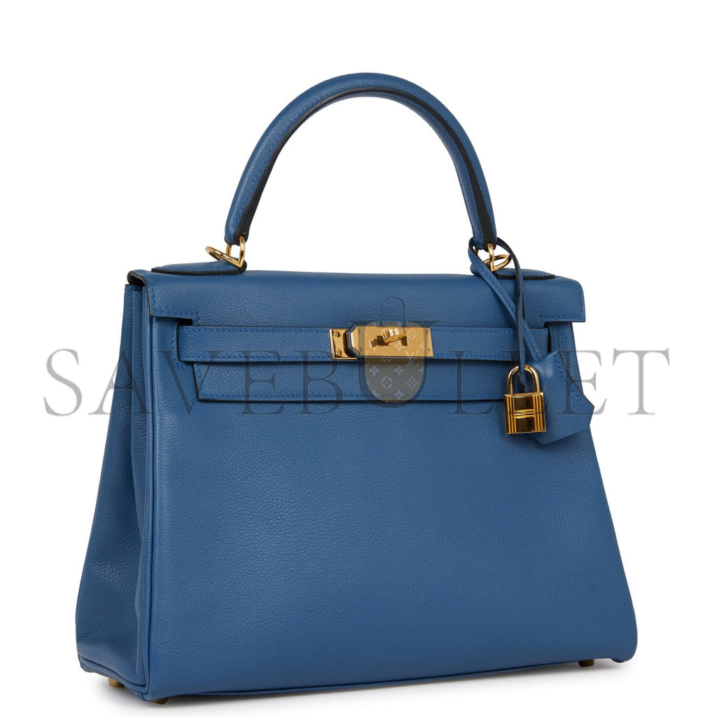 HERMES KELLY RETOURNE 28 BLEU AGATE EVERCOLOR GOLD HARDWARE  (28*22*10cm)