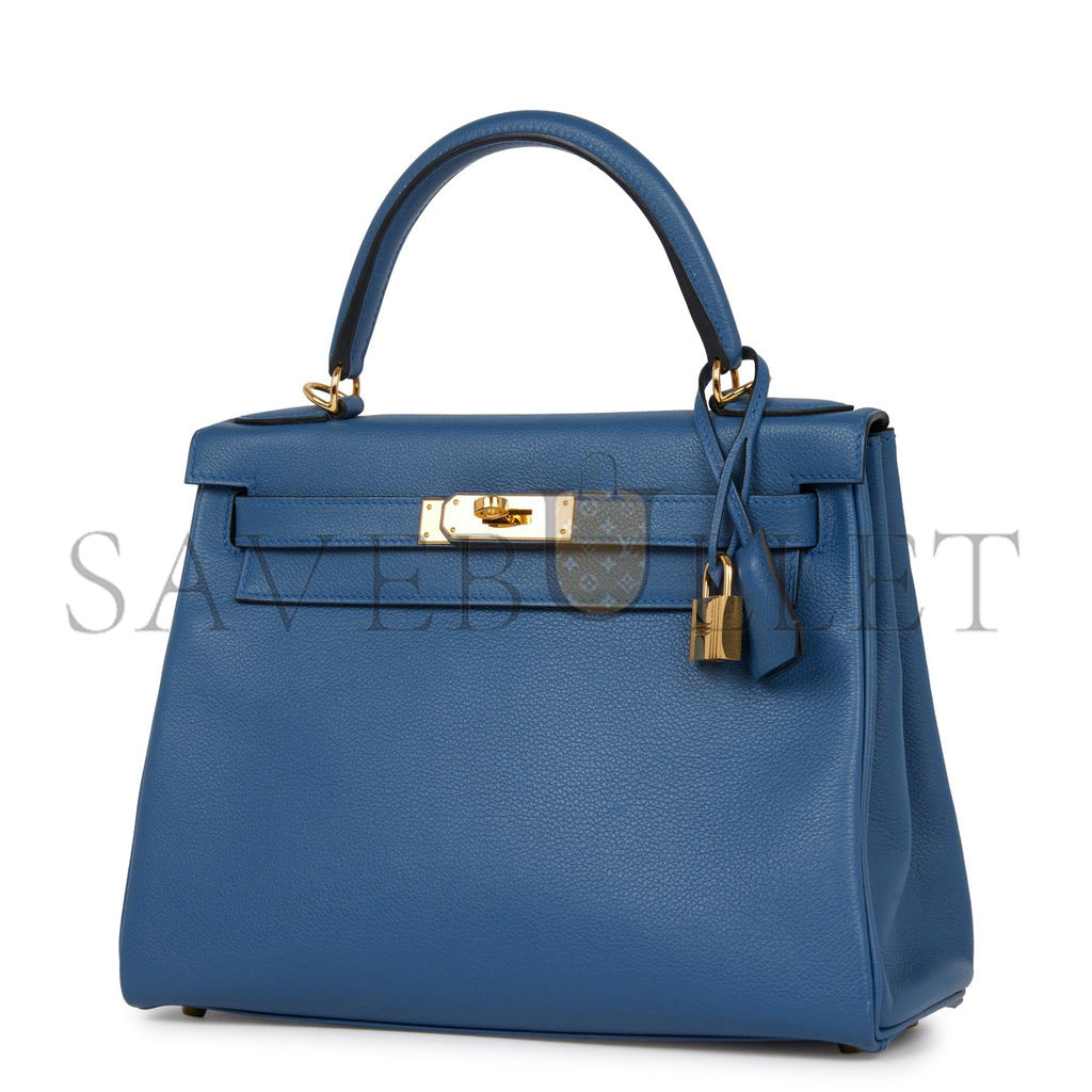 HERMES KELLY RETOURNE 28 BLEU AGATE EVERCOLOR GOLD HARDWARE  (28*22*10cm)