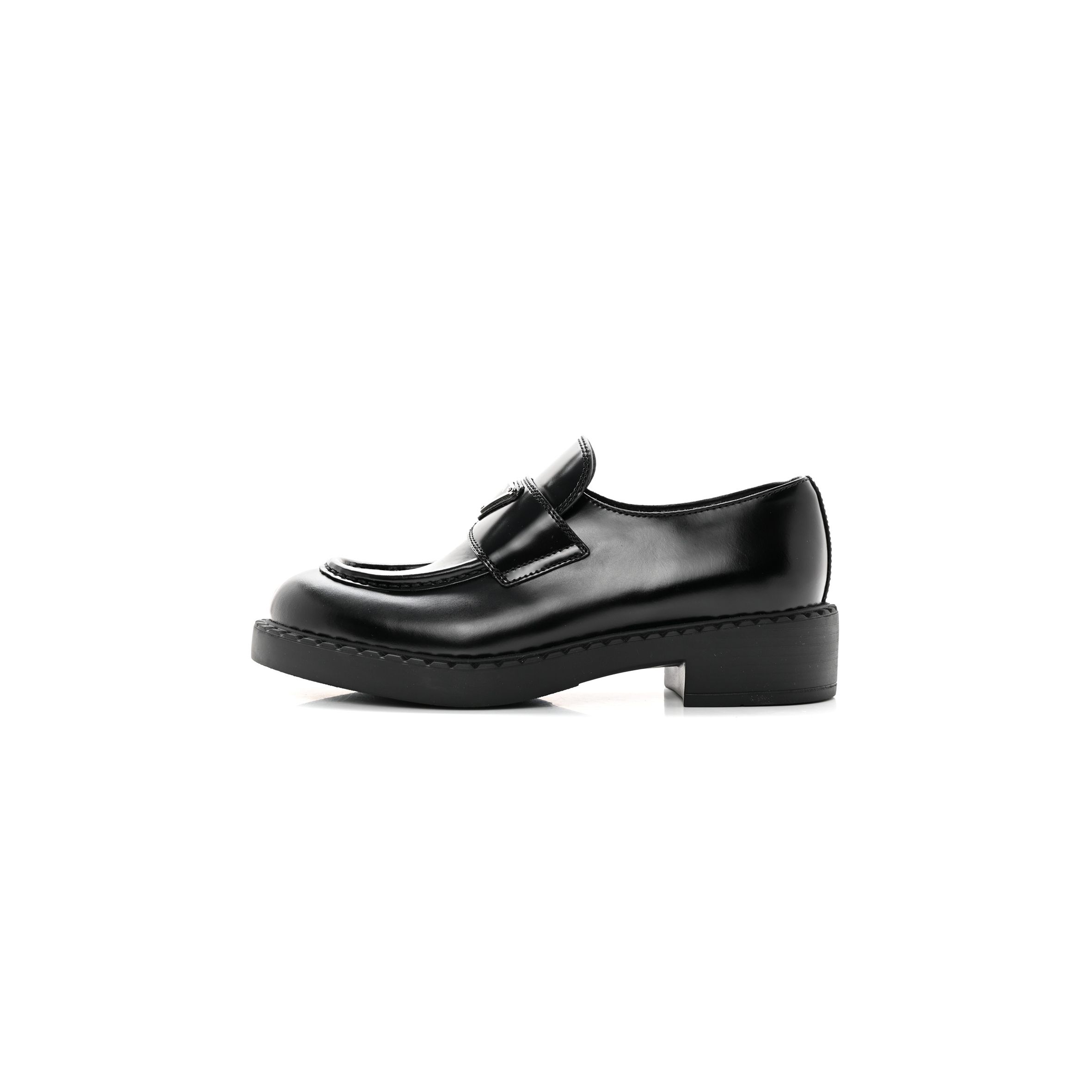 PRADA SPAZZOLATO METAL TRIANGLE LOGO 50MM LOAFERS 37.5 BLACK