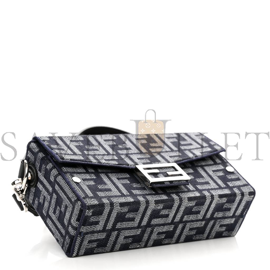 FENDI FABRIC JACQUARD REACTIVE JEAN DENIM VITELLO COVER FF BAGUETTE SOFT TRUNK BLUE BLACK (21*12*6cm)