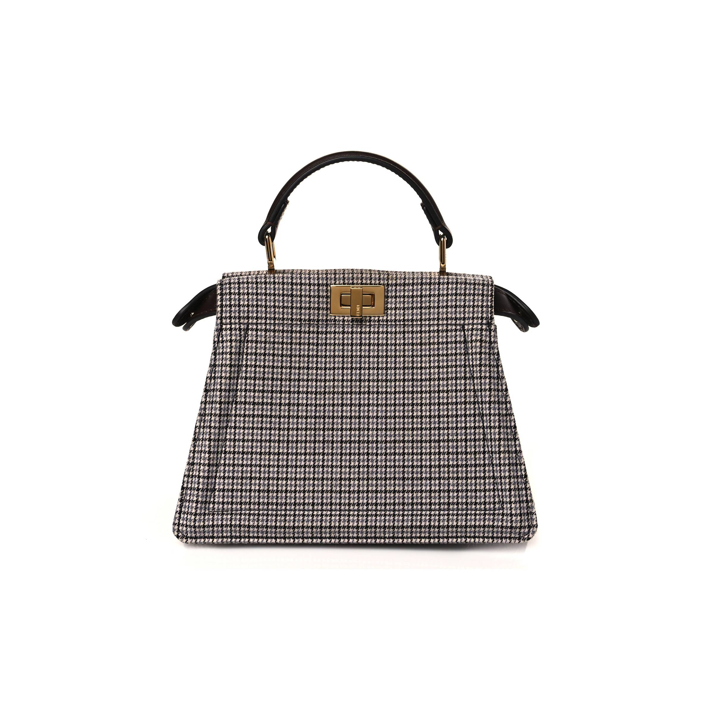 FENDI WOOL FABRIC JACQUARD CUOIO HOUNDSTOOTH FF 1974 PETITE PEEKABOO I SEE U SATCHEL GREY BLACK (20*15*11cm)